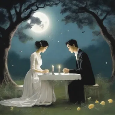 In the moonlit garden, the lovers decided to attempt table tapping, hoping to receive messages from departed loved ones who might guide their future together.
