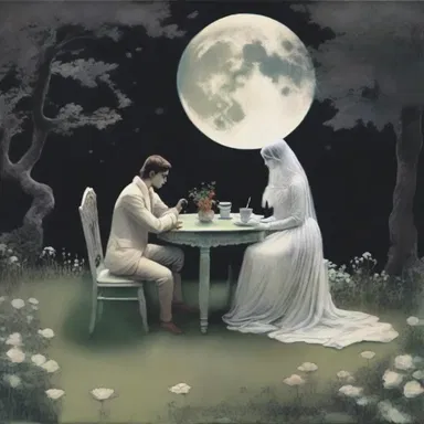 In the moonlit garden, the lovers decided to attempt table tapping, hoping to receive messages from departed loved ones who might guide their future together.
