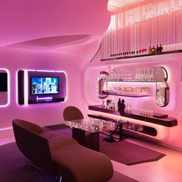 Futuristic modern living room with stylish sofa set, contemporary dining table, sleek wall unit for displaying crystals, a chic minibar area, and an entertainment wall featuring a TV and soundbar, illuminated with ambient lighting.