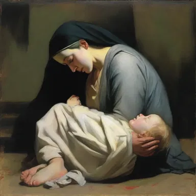 The painting depicted the tragic scene of a mother grieving over her child's lifeless body, capturing the emotion tragically.