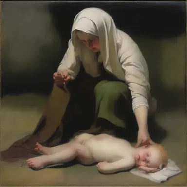 The painting depicted the tragic scene of a mother grieving over her child's lifeless body, capturing the emotion tragically.
