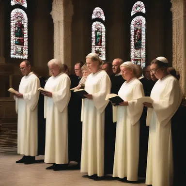 The choir sang a hymn of lament, expressing their sorrow tragically in the midst of the religious ceremony.