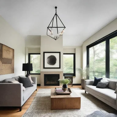 The interior designer incorporated a regular tetrahedron-shaped light fixture in the living room to add a unique and modern touch.