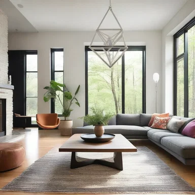 The interior designer incorporated a regular tetrahedron-shaped light fixture in the living room to add a unique and modern touch.