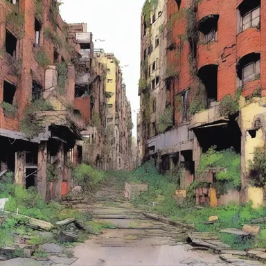 The comic book artist portrayed the dilapidation of the cityscape through crumbling buildings and overgrown vegetation.