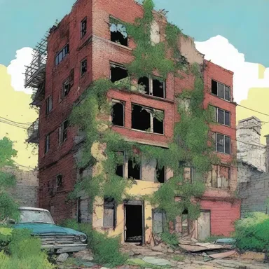 The comic book artist portrayed the dilapidation of the cityscape through crumbling buildings and overgrown vegetation.