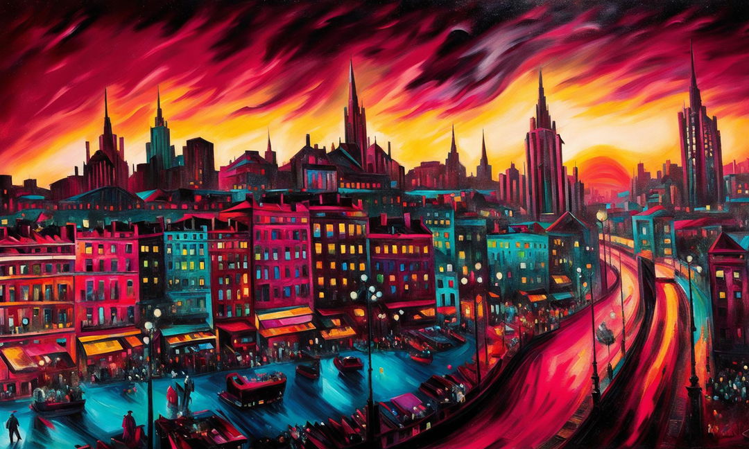 A vibrant Fauvist cityscape painting with bold colors and geometric shapes.