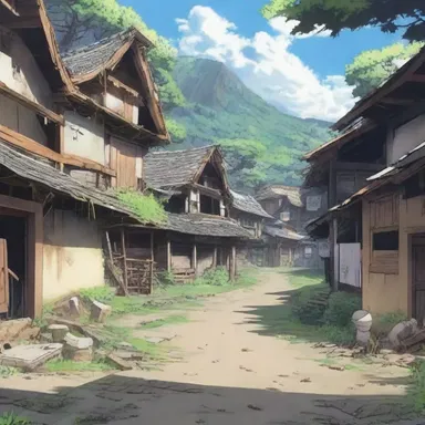 In the anime series, the main character stumbled upon a hidden village in a state of dilapidation, with collapsed houses and faded signs.