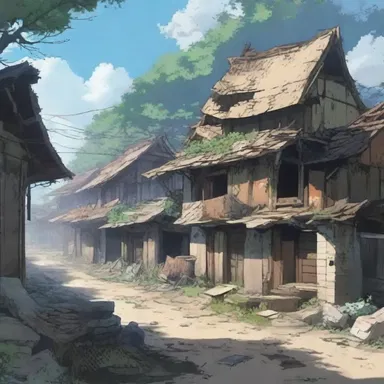 In the anime series, the main character stumbled upon a hidden village in a state of dilapidation, with collapsed houses and faded signs.