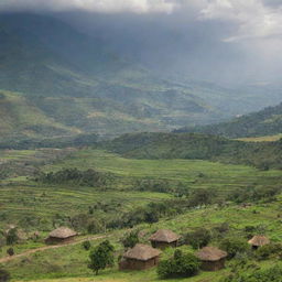 A stunning landscape of Ethiopia showcasing its lush greenery, rugged mountains, traditional huts, and the vibrant culture of local residents.