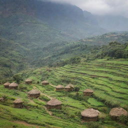 A stunning landscape of Ethiopia showcasing its lush greenery, rugged mountains, traditional huts, and the vibrant culture of local residents.