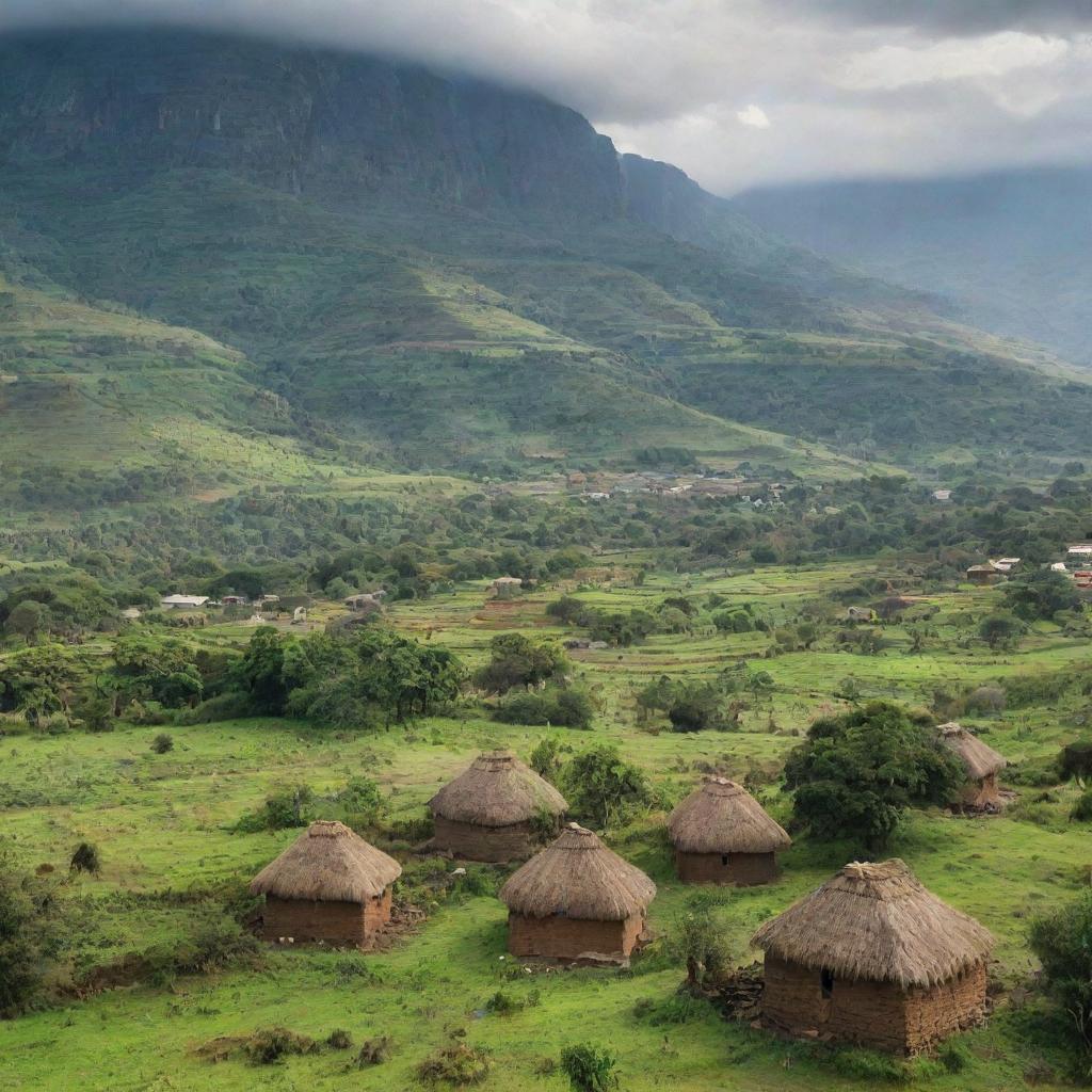 A stunning landscape of Ethiopia showcasing its lush greenery, rugged mountains, traditional huts, and the vibrant culture of local residents.