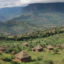 A stunning landscape of Ethiopia showcasing its lush greenery, rugged mountains, traditional huts, and the vibrant culture of local residents.