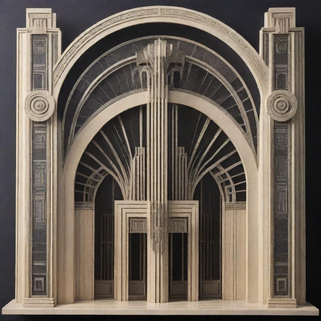 A striking visualization of an Art Deco architectural piece, with its characteristic clean, bold lines, geometric shapes, and lavish ornamentation.