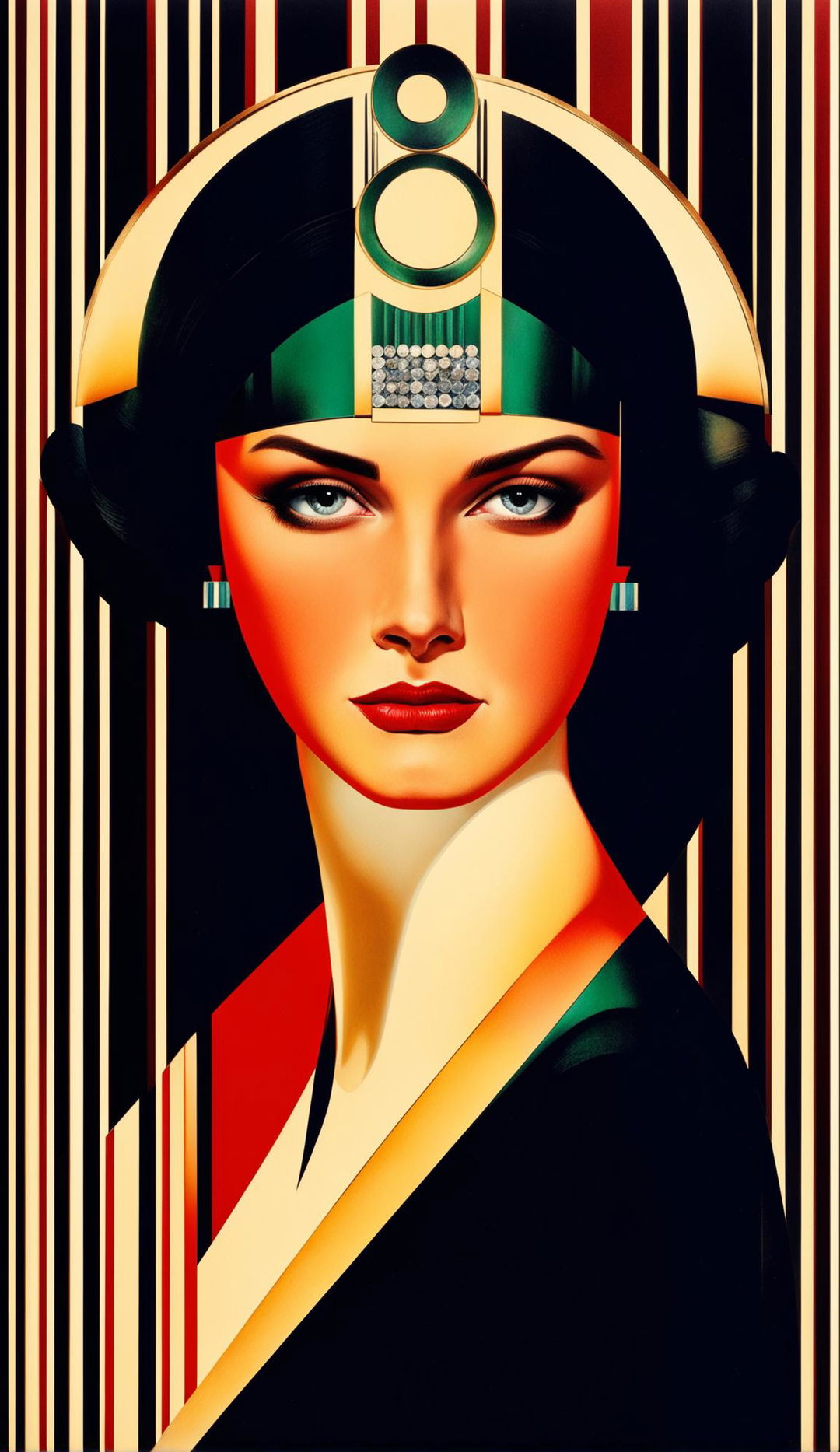 Art Deco style portrait of a woman with geometric features, adorned with a gem-studded headpiece and wearing a gold and black dress.