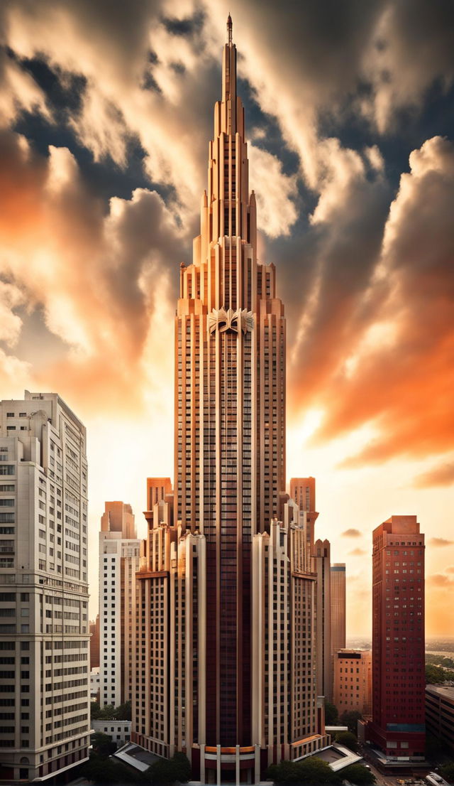 An Art Deco skyscraper towering over a bustling cityscape under the warm glow of sunset.