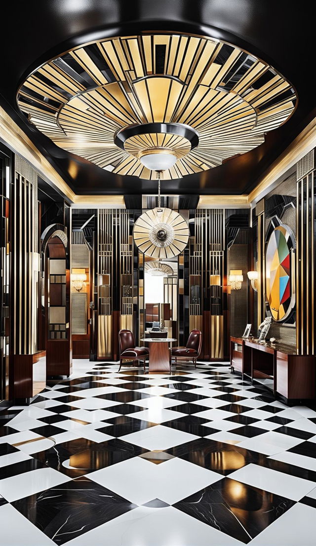 An opulent Art Deco interior with geometric patterns, polished chrome accents, black and white marble flooring, and luxurious furnishings.