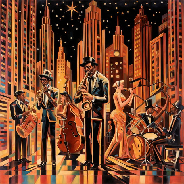 Art Deco painting of a jazz band playing in a vibrant cityscape.