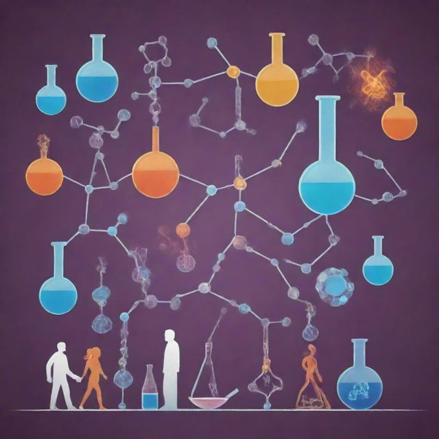 An illustrative image depicting the concept of chemistry innovating for humanity, with various chemical formulas symbolizing innovation and a diverse group of people representing humanity. Ideally, show a harmonious merge of science and humanity.