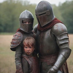 A battle-hardened knight in an iron helmet stained with blood on a battlefield. Beside him, a resilient mother shielding her young son.