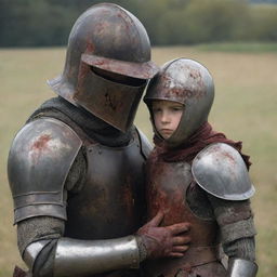 A battle-hardened knight in an iron helmet stained with blood on a battlefield. Beside him, a resilient mother shielding her young son.