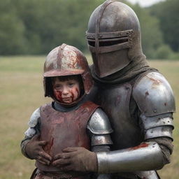 A battle-hardened knight in an iron helmet stained with blood on a battlefield. Beside him, a resilient mother shielding her young son.