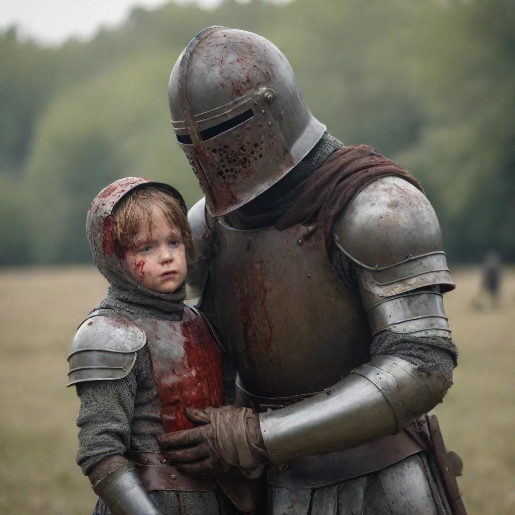 A battle-hardened knight in an iron helmet stained with blood on a battlefield. Beside him, a resilient mother shielding her young son.