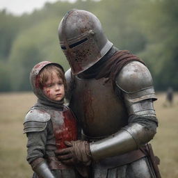 A battle-hardened knight in an iron helmet stained with blood on a battlefield. Beside him, a resilient mother shielding her young son.