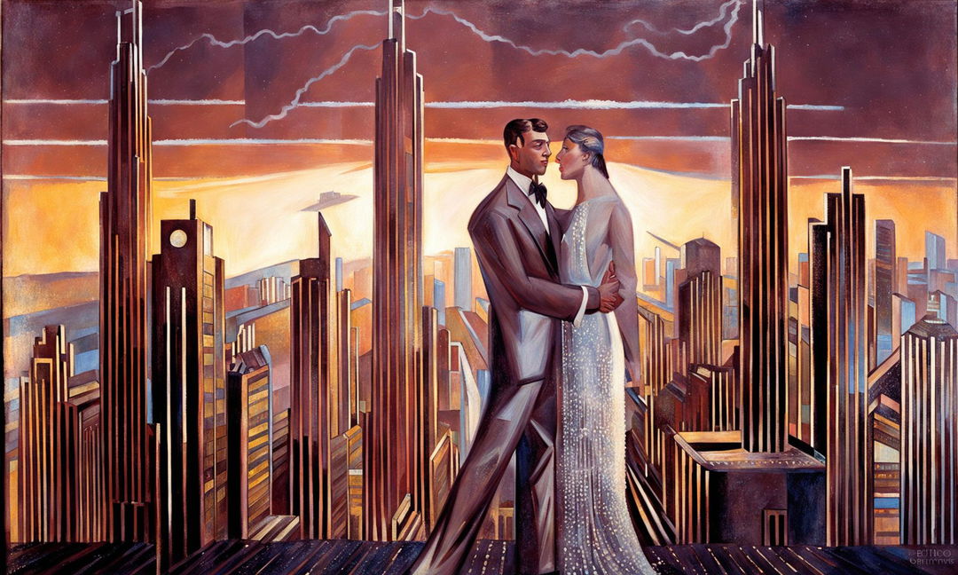 Art Deco painting of a bustling cityscape at dusk with a stylish couple in the foreground.