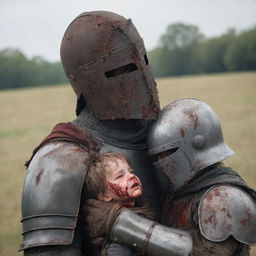 A battle-hardened knight in an iron helmet stained with blood on a battlefield, exhibiting an expression of sadness. Beside him, a resilient mother shielding her young son.