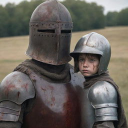 A battle-hardened knight in an iron helmet stained with blood on a battlefield, exhibiting an expression of sadness. Beside him, a resilient mother shielding her young son.