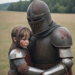 A battle-hardened knight in an iron helmet stained with blood on a battlefield, exhibiting an expression of sadness. Beside him, a resilient mother shielding her young son.