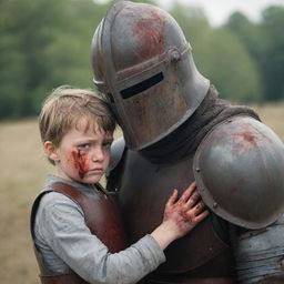 A battle-hardened knight in an iron helmet stained with blood on a battlefield, exhibiting an expression of sadness. Beside him, a resilient mother shielding her young son.