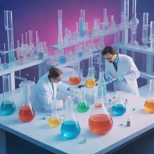 Illustrate an innovative scene of modern chemistry in drug production. Show scientists in a laboratory with futuristic equipment, vibrant colorful solutions in beakers and test tubes, and diagrams of complex molecular structures.