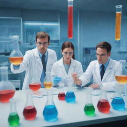 Illustrate an innovative scene of modern chemistry in drug production. Show scientists in a laboratory with futuristic equipment, vibrant colorful solutions in beakers and test tubes, and diagrams of complex molecular structures.