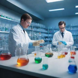 Illustrate an innovative scene of modern chemistry in drug production. Show scientists in a laboratory with futuristic equipment, vibrant colorful solutions in beakers and test tubes, and diagrams of complex molecular structures.