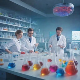 Illustrate an innovative scene of modern chemistry in drug production. Show scientists in a laboratory with futuristic equipment, vibrant colorful solutions in beakers and test tubes, and diagrams of complex molecular structures.