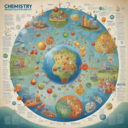 Compose a dynamic poster for 'Chemistry Innovating for Humanity'. Depict a large, stylized molecule at the center, surrounded by various scenes of chemical innovation improving human life, such as sustainable energy, medicine, and environmental protection.