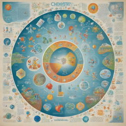 Compose a dynamic poster for 'Chemistry Innovating for Humanity'. Depict a large, stylized molecule at the center, surrounded by various scenes of chemical innovation improving human life, such as sustainable energy, medicine, and environmental protection.