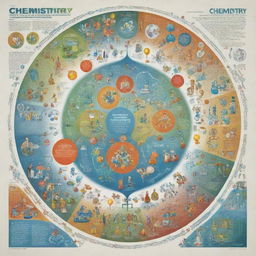 Compose a dynamic poster for 'Chemistry Innovating for Humanity'. Depict a large, stylized molecule at the center, surrounded by various scenes of chemical innovation improving human life, such as sustainable energy, medicine, and environmental protection.