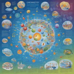 Compose a dynamic poster for 'Chemistry Innovating for Humanity'. Depict a large, stylized molecule at the center, surrounded by various scenes of chemical innovation improving human life, such as sustainable energy, medicine, and environmental protection.