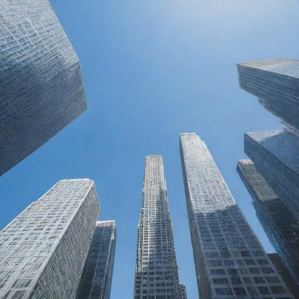 Generate an image of a bustling city with skyscrapers reaching up into the clear blue sky.