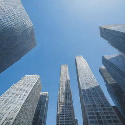 Generate an image of a bustling city with skyscrapers reaching up into the clear blue sky.