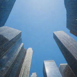 Generate an image of a bustling city with skyscrapers reaching up into the clear blue sky.