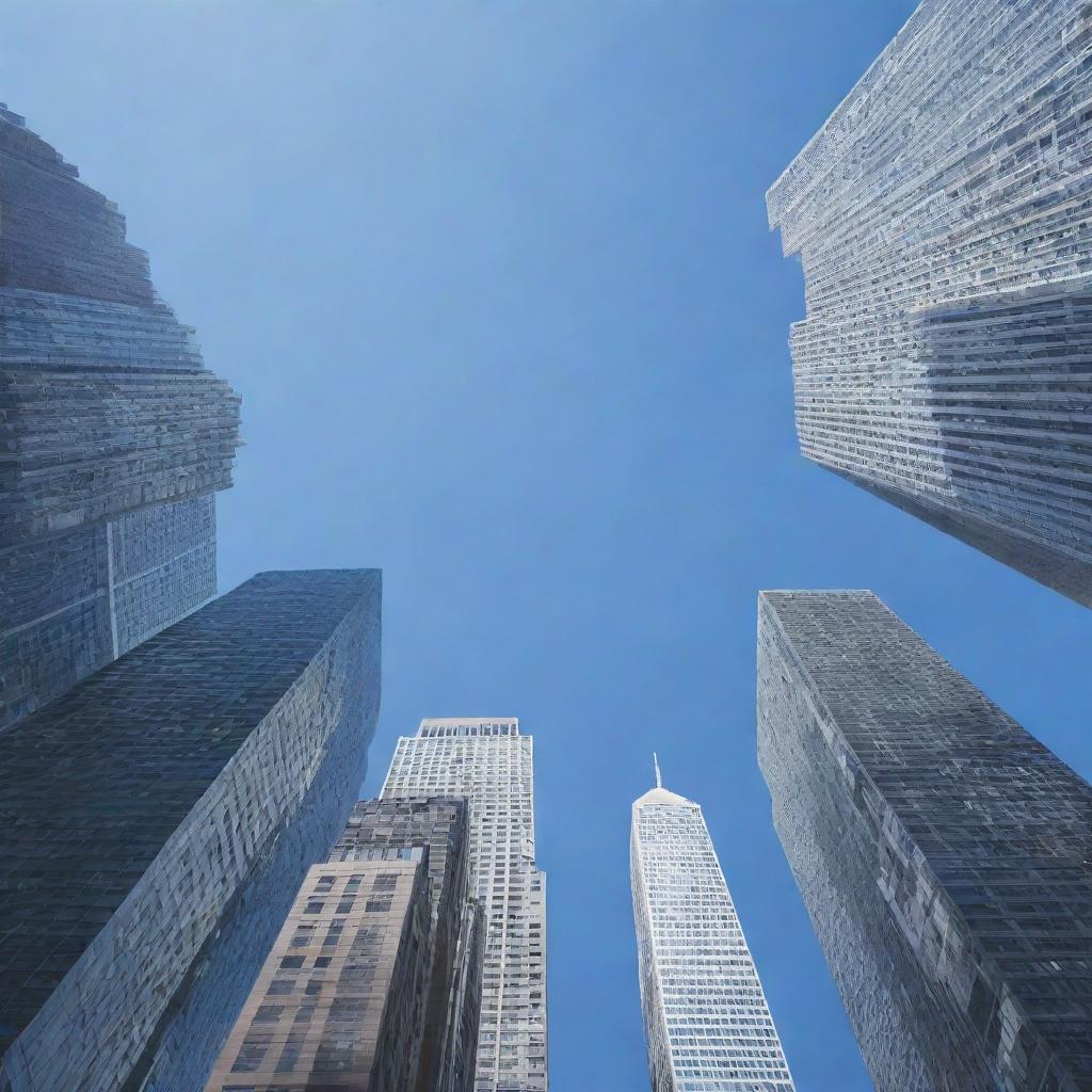 Generate an image of a bustling city with skyscrapers reaching up into the clear blue sky.