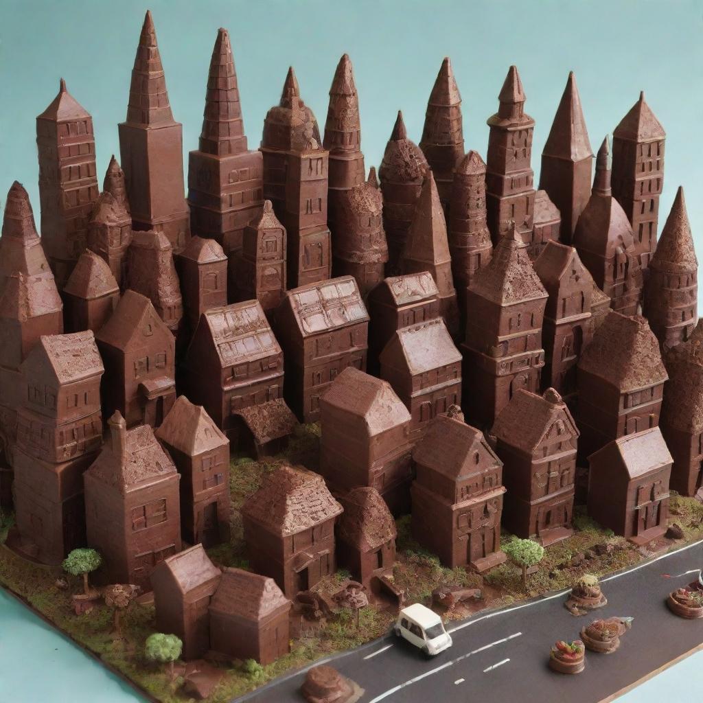 Generate an image of a whimsical city made entirely of various types of chocolate, with detailing on chocolate houses, roads, and landmarks.