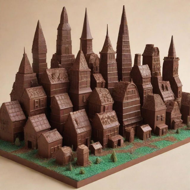 Generate an image of a whimsical city made entirely of various types of chocolate, with detailing on chocolate houses, roads, and landmarks.