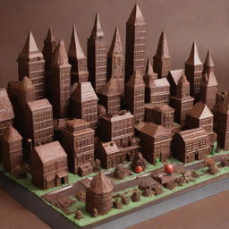 Generate an image of a whimsical city made entirely of various types of chocolate, with detailing on chocolate houses, roads, and landmarks.