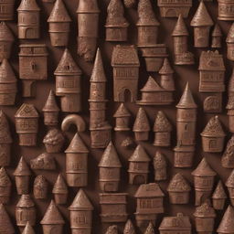 Generate an image of a whimsical city made entirely of various types of chocolate, with detailing on chocolate houses, roads, and landmarks.