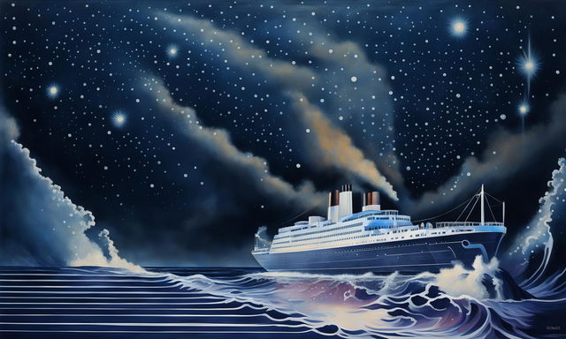 Art Deco painting of a luxurious ocean liner sailing under a starlit sky.